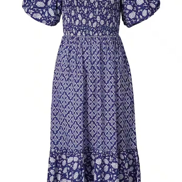 Summer dress for women with floral patchwork and puffer sleeves made of viscose