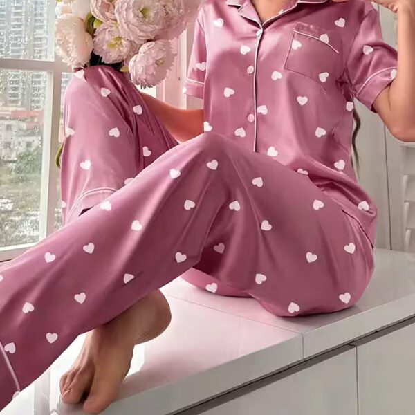 Women's Satin Pyjama Set – Nightwear with Heart Pattern & Short Sleeves
