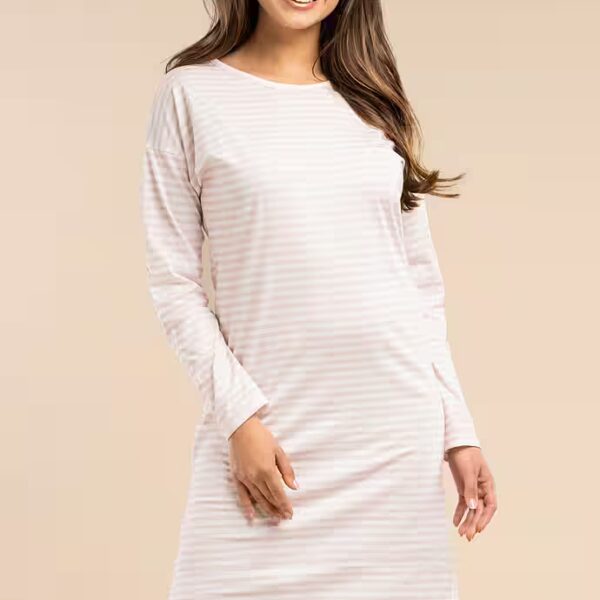 Women's nightgown with pink stripes and long sleeves made from 100% cotton