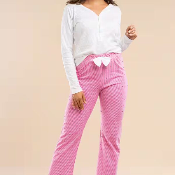 Women's pajama set with white long-sleeved top and pink long pants