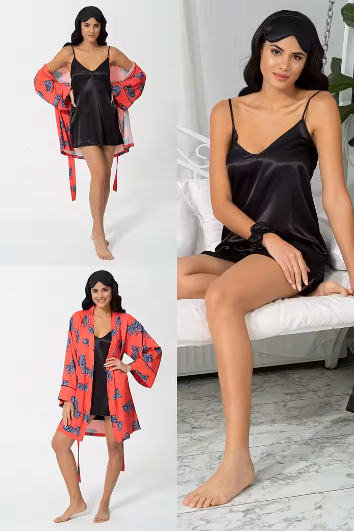 Nightgown 5-piece red satin nightgown set