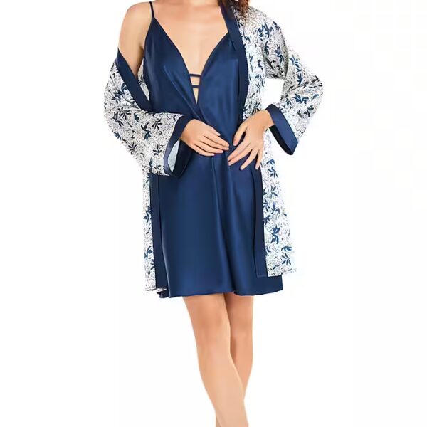 Women's 2-Piece Satin Nightgown Set with Kimono, Dark Blue, Elegant