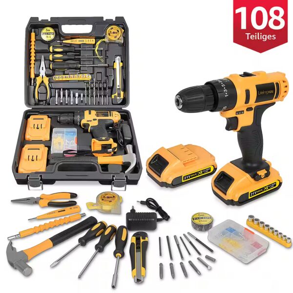 21V Cordless Drill Driver Set, Cordless Drill with 108-Piece Tool Case