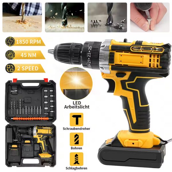 Cordless drill/driver with 2 x 1500mAh batteries, 45 Nm max.