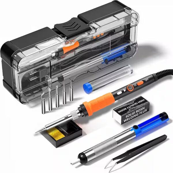 Soldering iron Max. 480 °C, max. 90 W, mains operation (220–240 V), complete set, soldering iron, 5 tips, wire, paste, tweezers, suction cup, stand, case, with LCD display, temperature control and complete accessory set