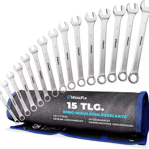 WERKFIX 15-piece combination wrench set, 6-21mm, made of chrome vanadium steel, matte finish