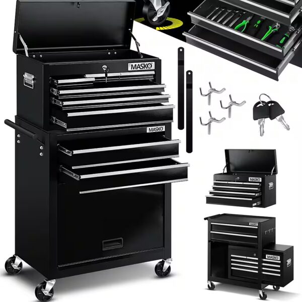 Workshop trolley Black tool trolley including case, 9 compartments, lockable, metal rolling trolley