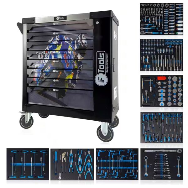 Tool trolley, workshop trolley with 8 drawers, 8 filled, equipped, stocked - Black