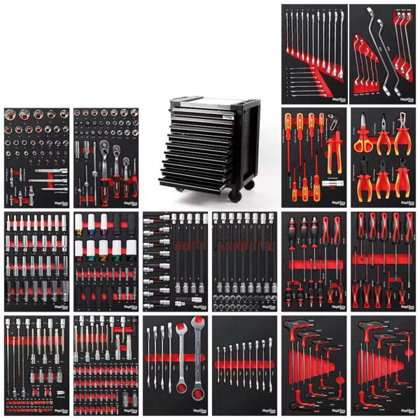 Tool trolley (fully assembled and equipped), tool made of chrome vanadium steel, standardized perforated side panel