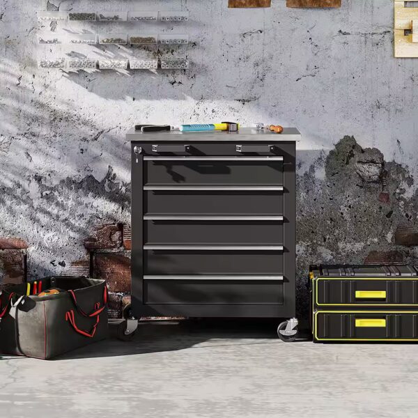 Workshop trolley with 5 lockable drawers With 4 wheels, 2 keys, max. load capacity: 80 kg, 0-piece tool set (tool trolley, 1-piece, tool cabinet), for garage, workshop, black