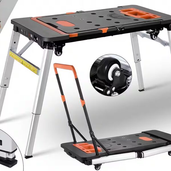 Workbench for household DIY workspace, height adjustable (with integrated power outlet), 7-in-1 Portable Foldable Workbench, Mobile Work Table