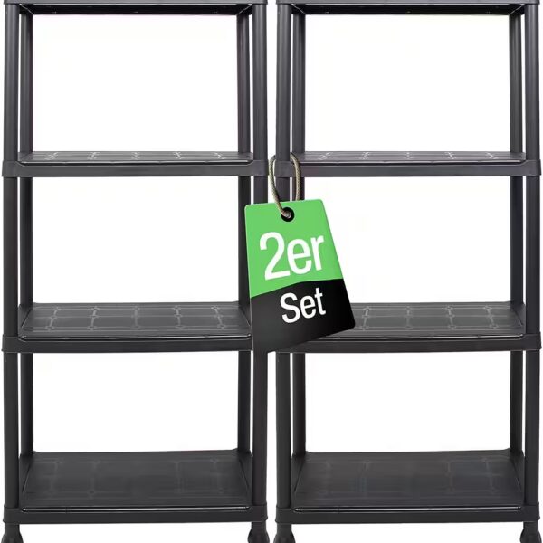 Shelving unit, 2x plastic shelves, 60 x 30 x 135 (H) cm, 4 shelves, heavy-duty shelving