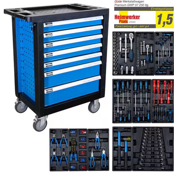 Premium workshop trolley with 7 drawers GWSP 07, 250-piece set, tool trolley with casters equipped