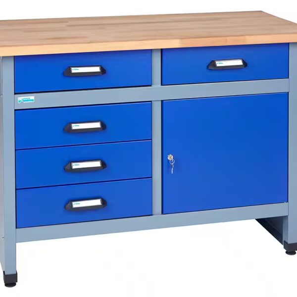 Workbench 12047, 5 drawers, 1 door, 300 kg load capacity, 30 mm beech worktop