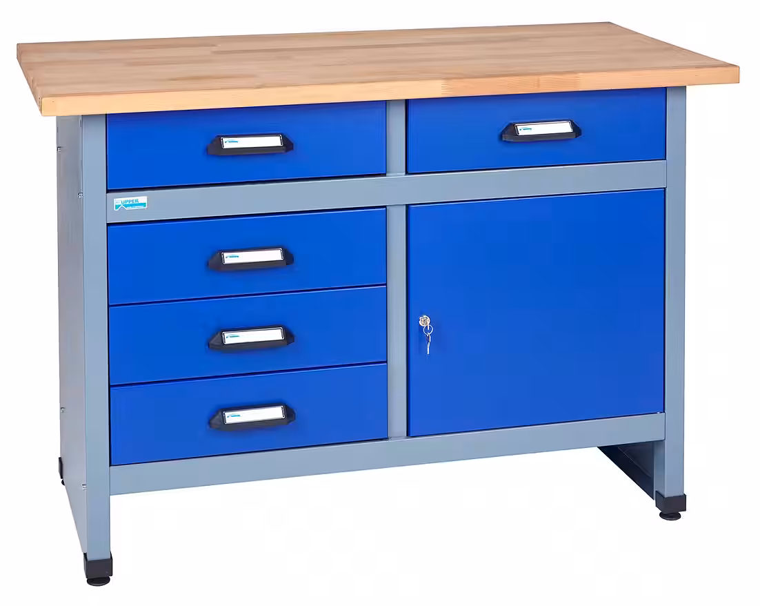 Workbench 12047, 5 drawers, 1 door, 300 kg load capacity, 30 mm beech worktop