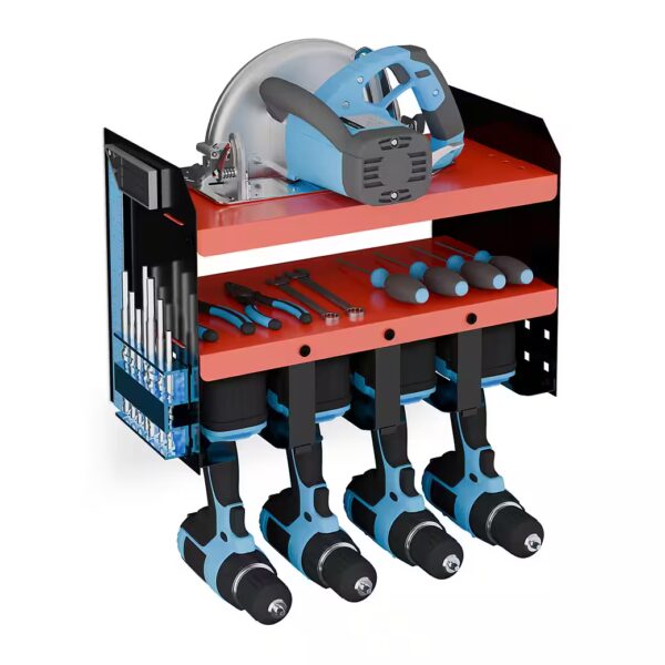 Pegboard tool storage wall 4 cordless screwdrivers