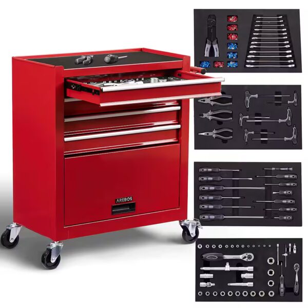 Workshop trolley, rolling trolley, toolbox with tools (81 pieces), made of solid steel, robust and scratch-resistant worktop