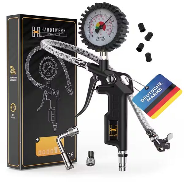 Tire pressure gauge, 360° rotatable, one-handed operation