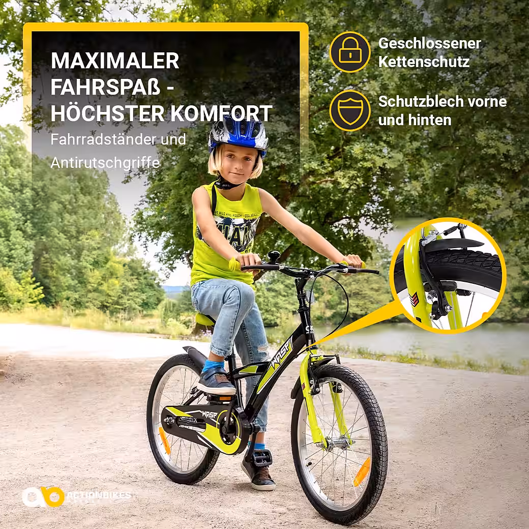 Children's bicycle, children's bike, Wasp 1-speed, no gears, (20 inch, from 115 cm height, max. load 40 kg, bell, reflectors, non-slip grips, kickstand, chain guard, 1-piece, V-brakes, pneumatic tires, mudguards, black/blue), height-adjustable bike for boys and girls, children's bike from 6 years - Image 3