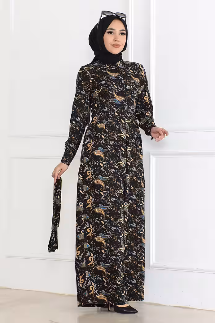 Maxi Dress Patterned Hijab Jumpsuit Dress Black 6112 - Image 3