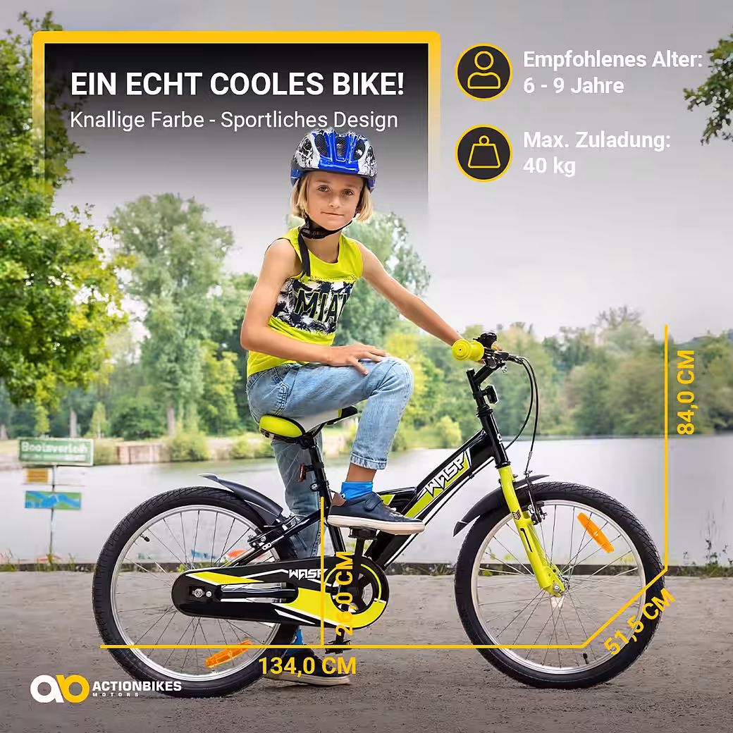 Children's bicycle, children's bike, Wasp 1-speed, no gears, (20 inch, from 115 cm height, max. load 40 kg, bell, reflectors, non-slip grips, kickstand, chain guard, 1-piece, V-brakes, pneumatic tires, mudguards, black/blue), height-adjustable bike for boys and girls, children's bike from 6 years - Image 6