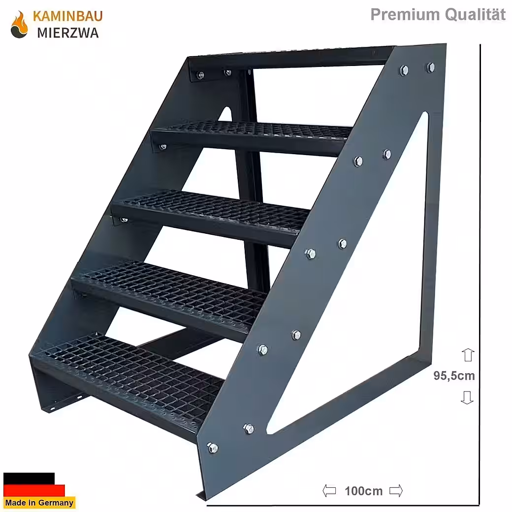 Premium outdoor staircase, complete in anthracite, freestanding For floor heights up to 95.00 cm, steps made of grating according to DIN 24531 (height 38 cm, width selectable from 60, 80, 100, 120, 140 cm), garden stairs, steel stairs, weatherproof, rustproof, hot-dip galvanized, slip-resistant - Image 4