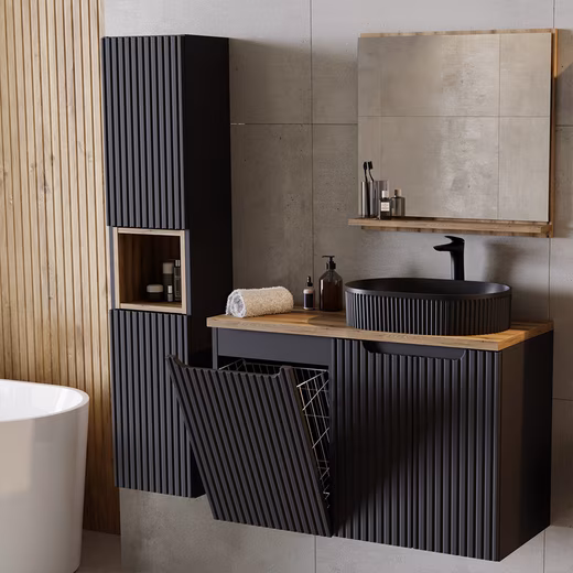 Bathroom Furniture Set NEWPORT-56-BLACK (Value set, 3 pieces, tall cabinet with mirror and vanity unit), bathroom furniture, black with oak, grooved front, with laundry basket