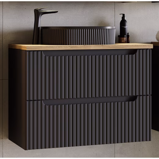 NEWPORT-56-BLACK vanity unit in black with oak, grooved front, black ceramic washbasin
