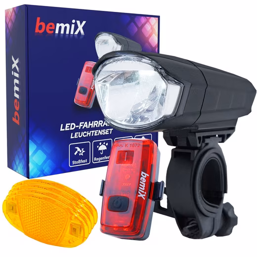 LED bicycle light set, StVZO compliant, front and rear lights, spoke reflectors Bright LEDs, IPX4 waterproof bicycle lights, including 4 reflectors.