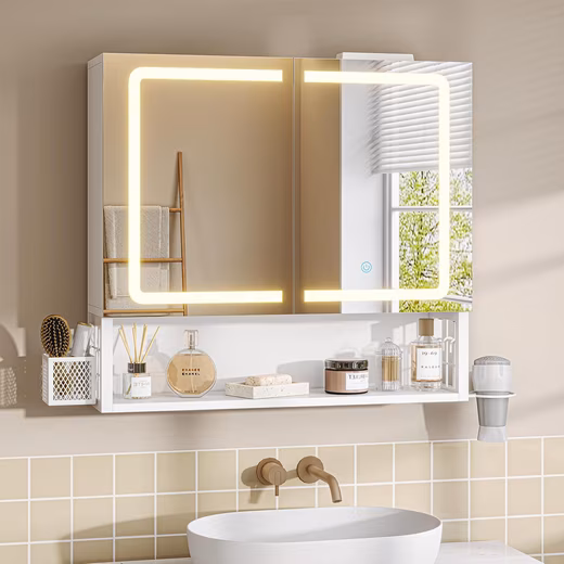 Mirror cabinet with LED lighting and power outlet, bathroom cabinet with adjustable shelf, dimmable, 60×16×60 cm