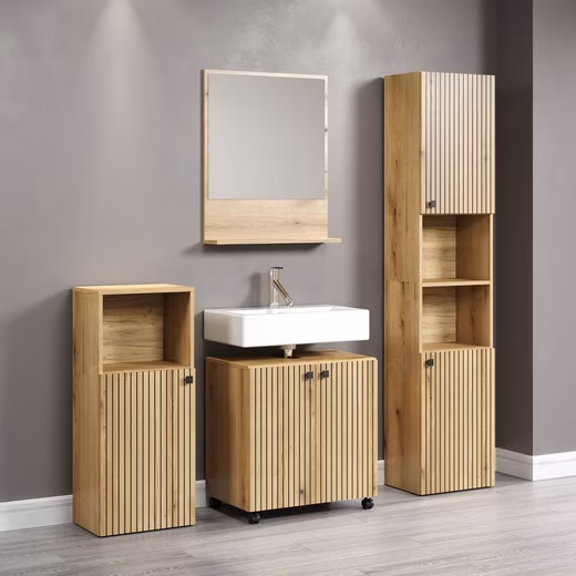 Amrum bathroom furniture set: vanity unit, mirror, tall cabinet, bathroom cabinet (Complete set, 4 pieces), 4-piece bathroom furniture set, oak grooved look - dimensions (W/D/H) 160/42/186 cm