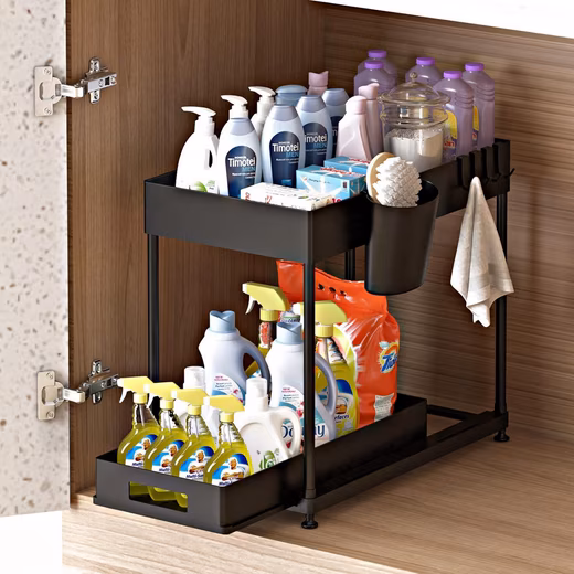 Storage shelf for sinks, kitchen cabinet organizer, sink cabinet organizer Storage shelf with 2 levels, with sliding drawer, 4 hooks and 1 cup organizer, sink organizer, 1-piece, under sink shelf, countertop shelf with sliding drawer