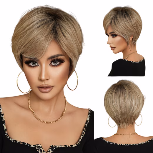 Toupee, short hair, full hair wig, synthetic hair, natural look for stylish women Breathable wig (with a youthful look)
