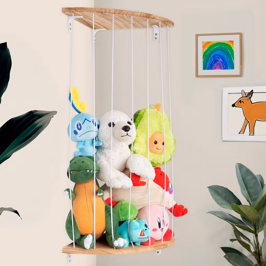 Children's shelf/cuddly toy shelf | space-saving | real wood with elastic bands