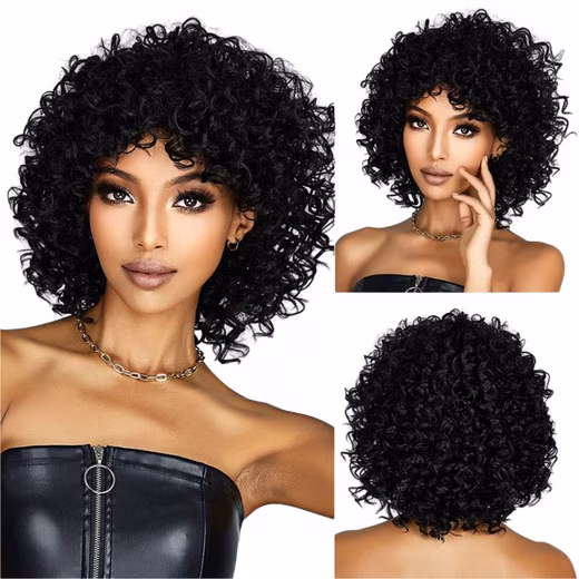 Synthetic hair wig, women's short black curly wigs with rose-colored net, heat-resistant wavy hair