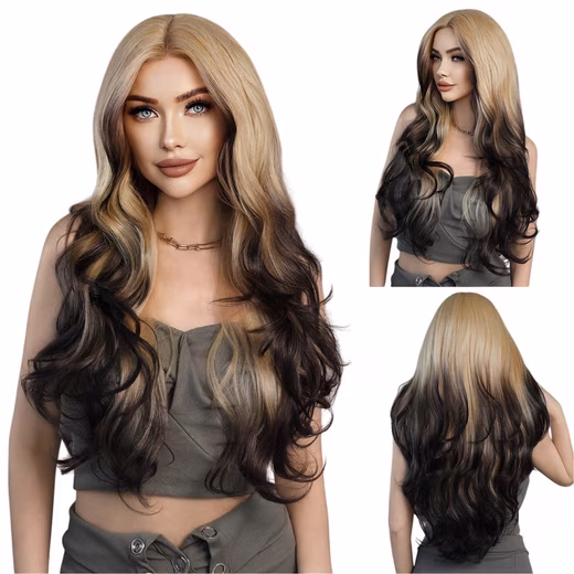 Synthetic Hair Wig Long Curly Women's Wig Blonde Ombre Dark Brown Natural Synthetic Hair 72cm