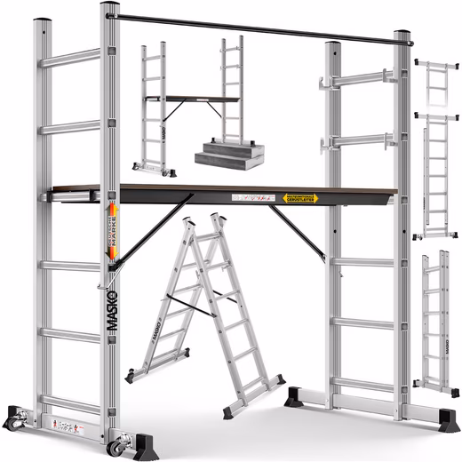 Work scaffold, construction scaffold with work platform, 4-in-1 multi-purpose ladder, load capacity up to 150kg usable as a leaning ladder, jacking ladder, step ladder & scaffold ladder