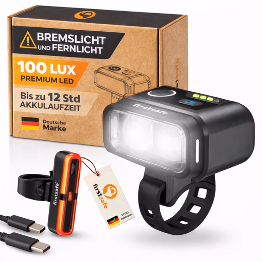 Premium bicycle light set 100 LUX – high beam & brake light High beam function, brake light sensor, detachable, weatherproof