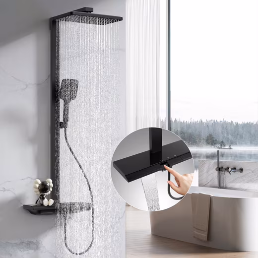 Shower system with thermostat and shelf; shower column with rain shower and shower fitting