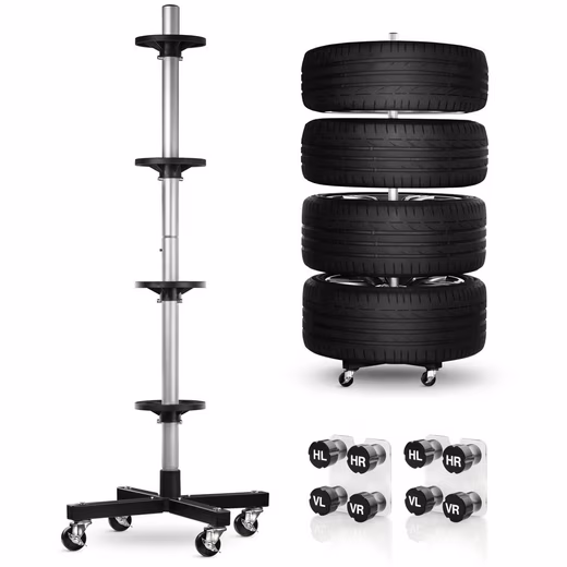Tire rack for 4 car tires including 8-piece set of tire markers