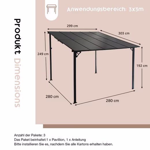 Pergola 3x3m patio roof, carport with sunshade, pavilion (280 x 280 x 192-249 cm, 3 packages in total), made of PE board & steel frame, for garden, backyard, swimming pool - Image 4