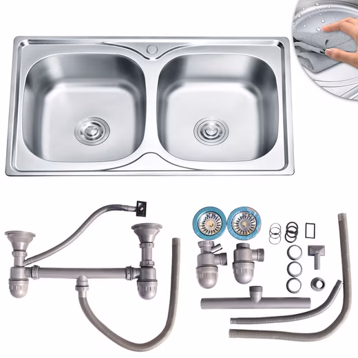 Built-in sink, double sink, built-in stainless steel sink, sink with 2 basins + accessories