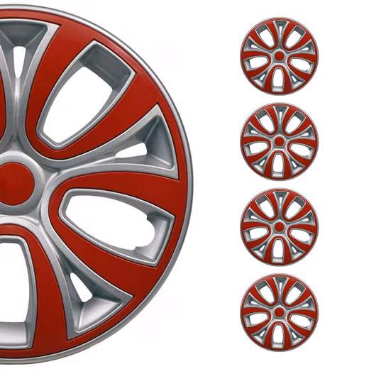 Wheel covers, hubcaps, 14 inch, grey & red, 4-piece set