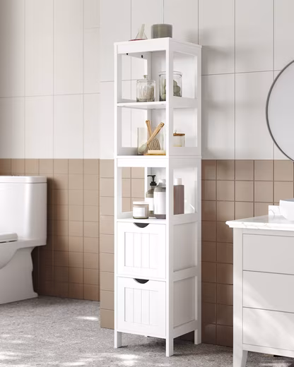 Bathroom chest of drawers, bathroom cabinet, tall cabinet, freestanding cabinet narrow column, with 2 drawers and 3 open compartments
