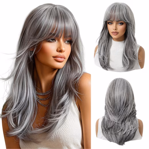 Synthetic hair wig 46cm Grey wig for women - Casual curls with bangs, multi-layered Breathable, Adjustable, Stylish