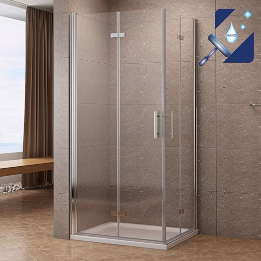 Corner shower cubicle, corner entry, corner shower with double folding doors, frameless