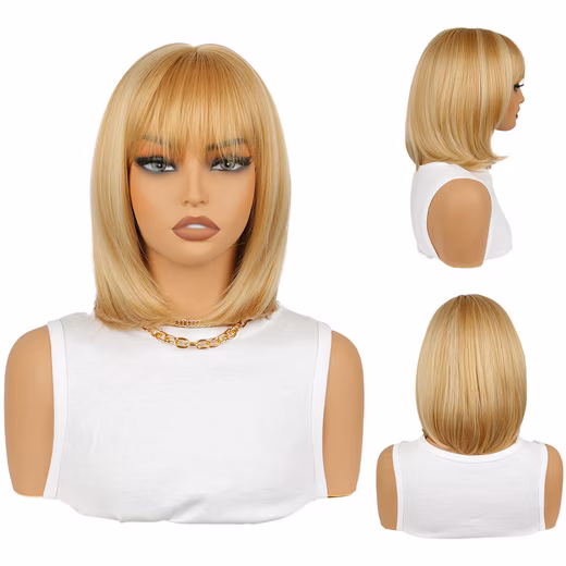 Synthetic hair wig 30cm bob straight wig blonde short hair wig women's wig with bangs For Cosplay Costume Halloween Party