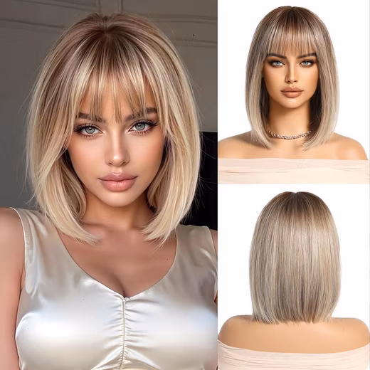 Synthetic hair wig, ombre blonde, women's wig with bangs, short bob, straight, synthetic
