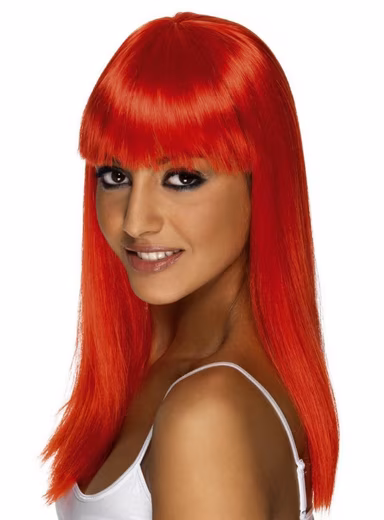 Costume wig, straight cut wig with bangs, neon red Straight-cut synthetic hair in a vibrant color