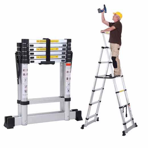 Premium aluminum telescopic ladder, extension ladder, folding ladder, 2.0m high, silver
